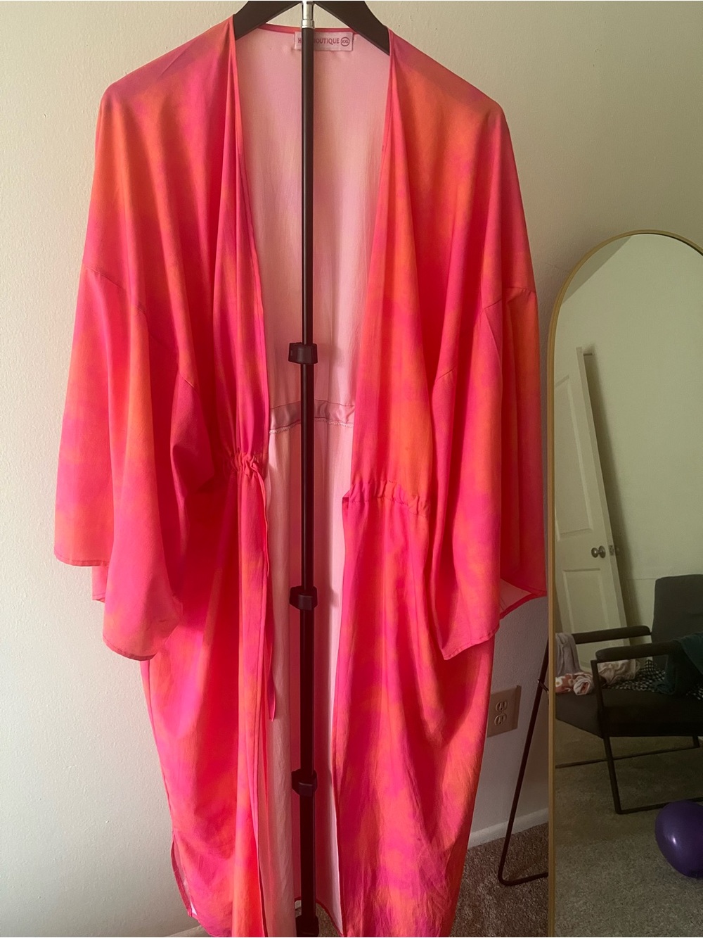 Silky Open-Front Kimono Robe - Pink/Orange